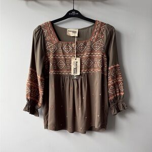 Savanna Jane Olive Embroidered Babydoll Blouse Size S